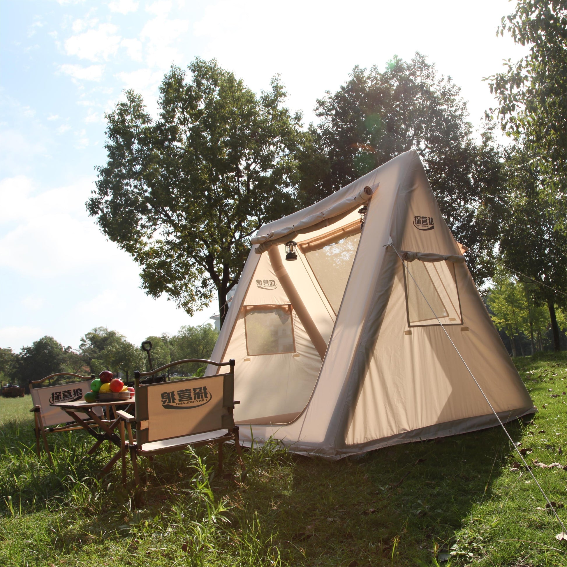 2Person Triangle Inflatable Tent 4 Square Oxford Fabric Waterproof AllSeason Solid Color  Beige with PVC Frame Zippered Closure