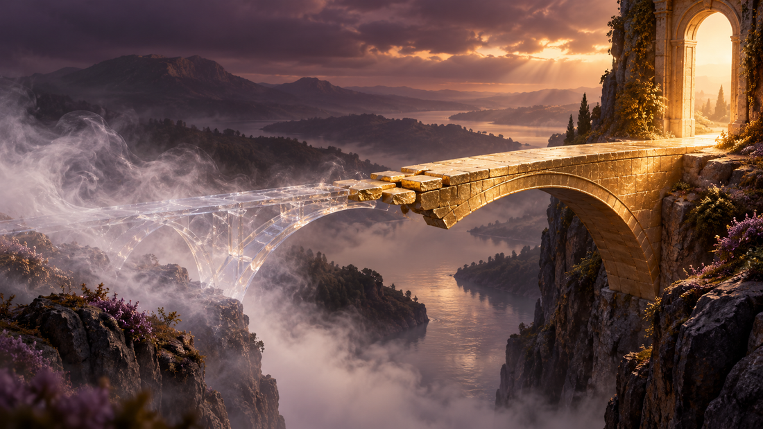 A translucent bridge becoming solid stone as it reaches a sunlit doorway