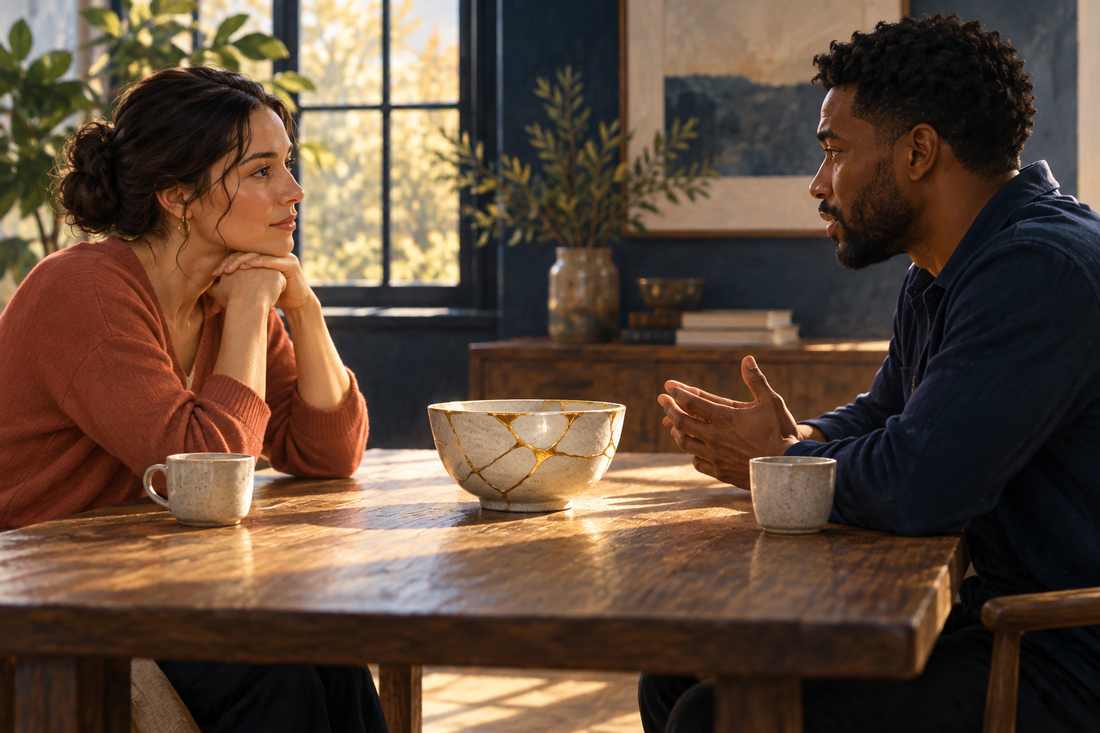 Two people have an honest conversation beside a gold-repaired ceramic bowl, representing accountability, apology and repair.