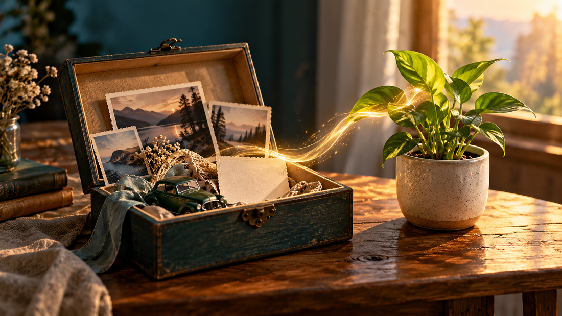 Keepsake box of old photographs sending golden light toward a growing green plant