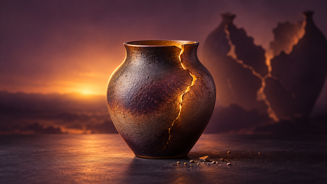 Intact ceramic vessel glowing through an early crack, symbolizing change before crisis