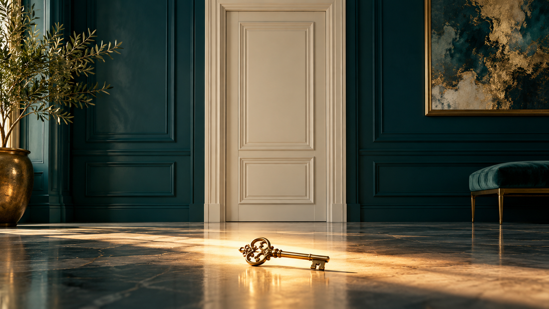 A brass key resting before an elegant door without a keyhole, symbolizing that rejection does not determine worth