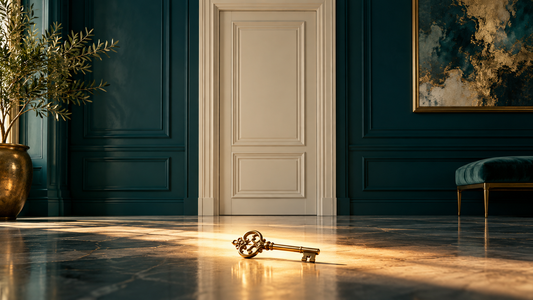 A brass key resting before an elegant door without a keyhole, symbolizing that rejection does not determine worth