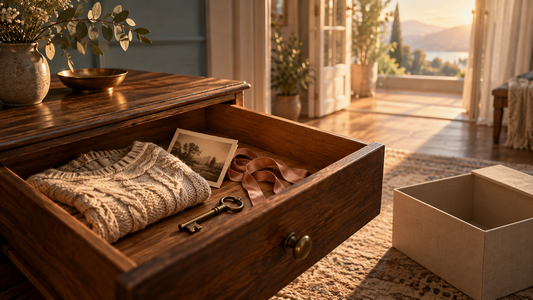 An open wooden drawer holding a few carefully chosen keepsakes beside an empty box in soft morning light