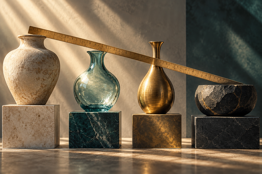 Four distinct vessels beneath one rigid ruler, representing the limits of comparing different lives
