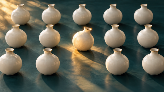 One softly lit ceramic vessel resting slightly outside a precise grid, symbolizing tolerating uncertainty without taking over