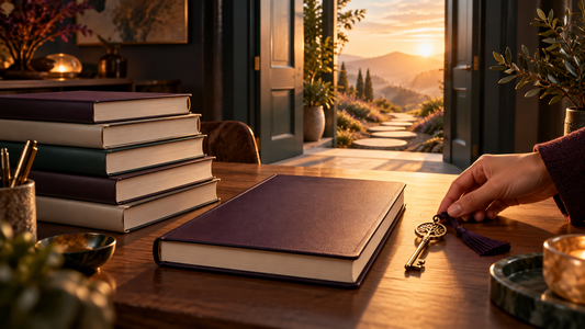 An unopened course workbook beside a glowing open doorway, symbolizing the choice between buying hope and practising change