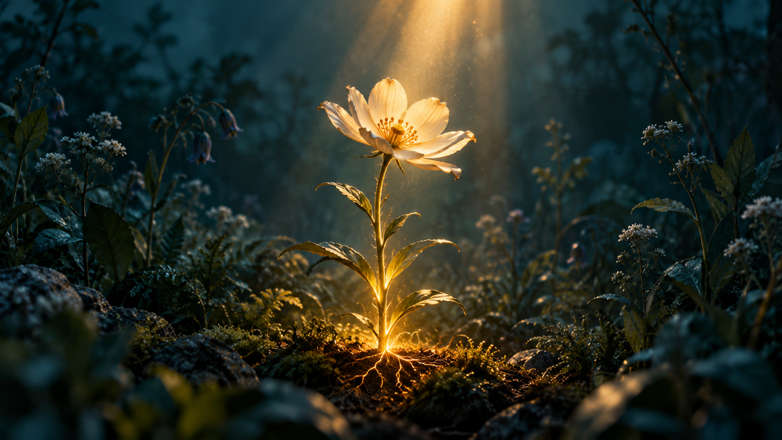 A glowing wildflower under a warm beam of light with illuminated roots