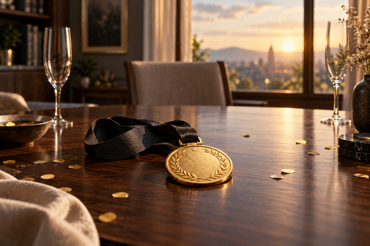 Gold medal on a quiet table after a celebration, symbolizing emptiness after achievement