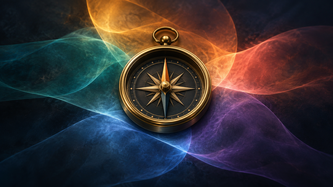 A steady compass surrounded by overlapping pools of coloured light, symbolizing clarity within complex emotions