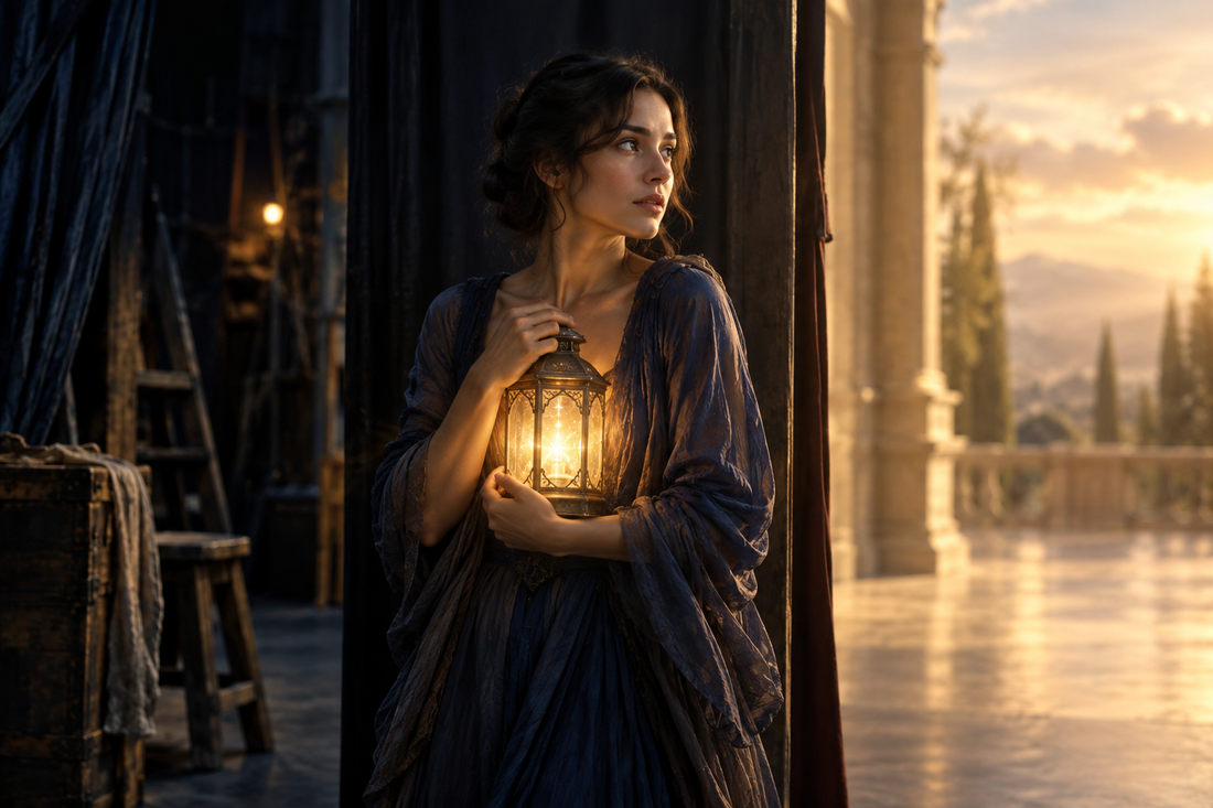 A woman holds a glowing lantern at the threshold between a dark backstage and open light, representing fear of being seen.