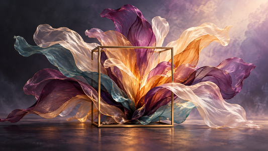 Colorful translucent ribbons unfolding beyond a small geometric frame