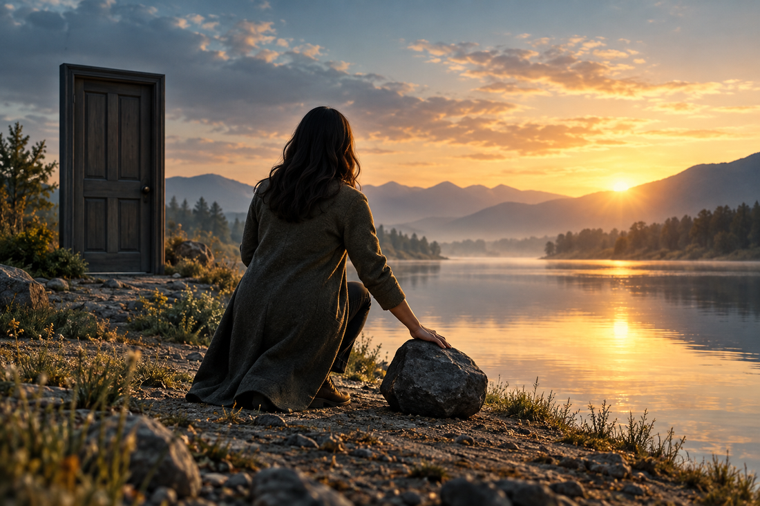 A person sets down a heavy stone beside a calm river while a closed door remains behind them