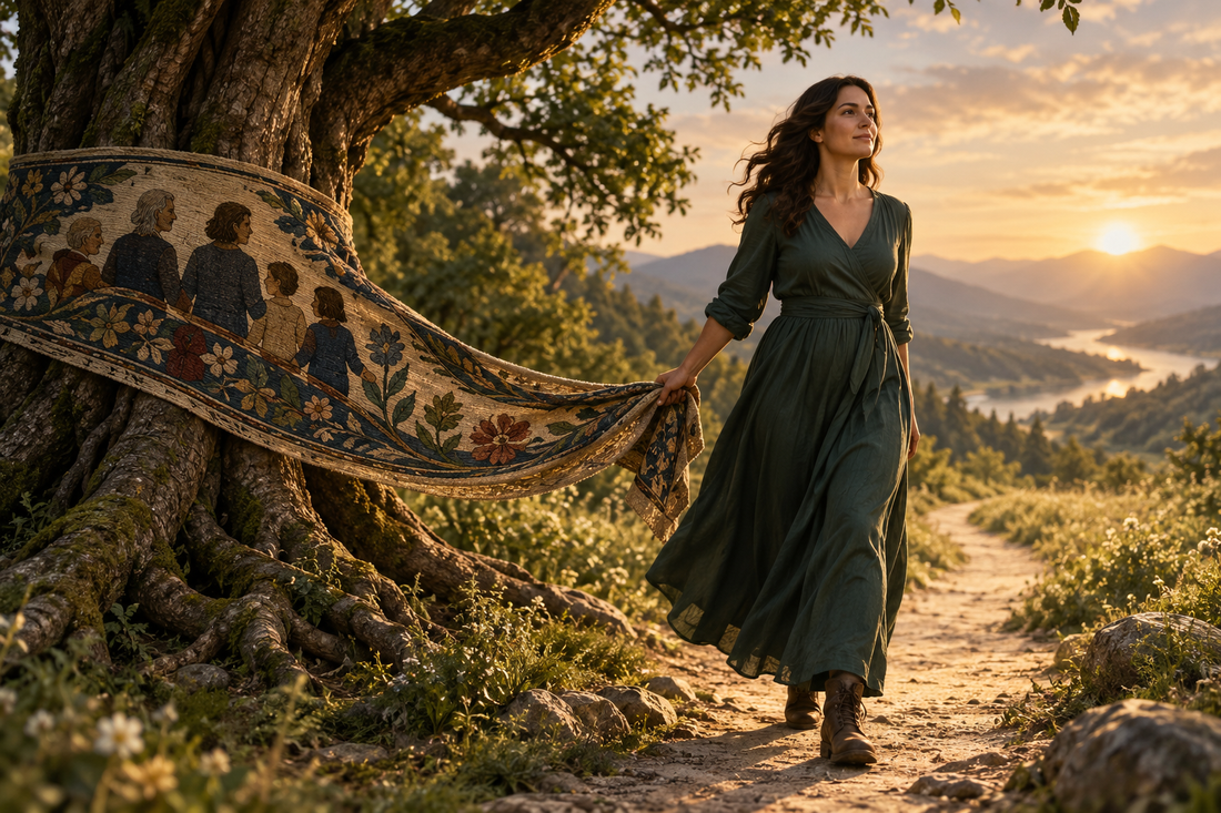 A woman walks toward a sunlit path while holding a family tapestry connected to an old tree, representing growth without betrayal.