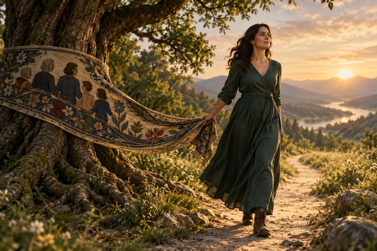 A woman walks toward a sunlit path while holding a family tapestry connected to an old tree, representing growth without betrayal.