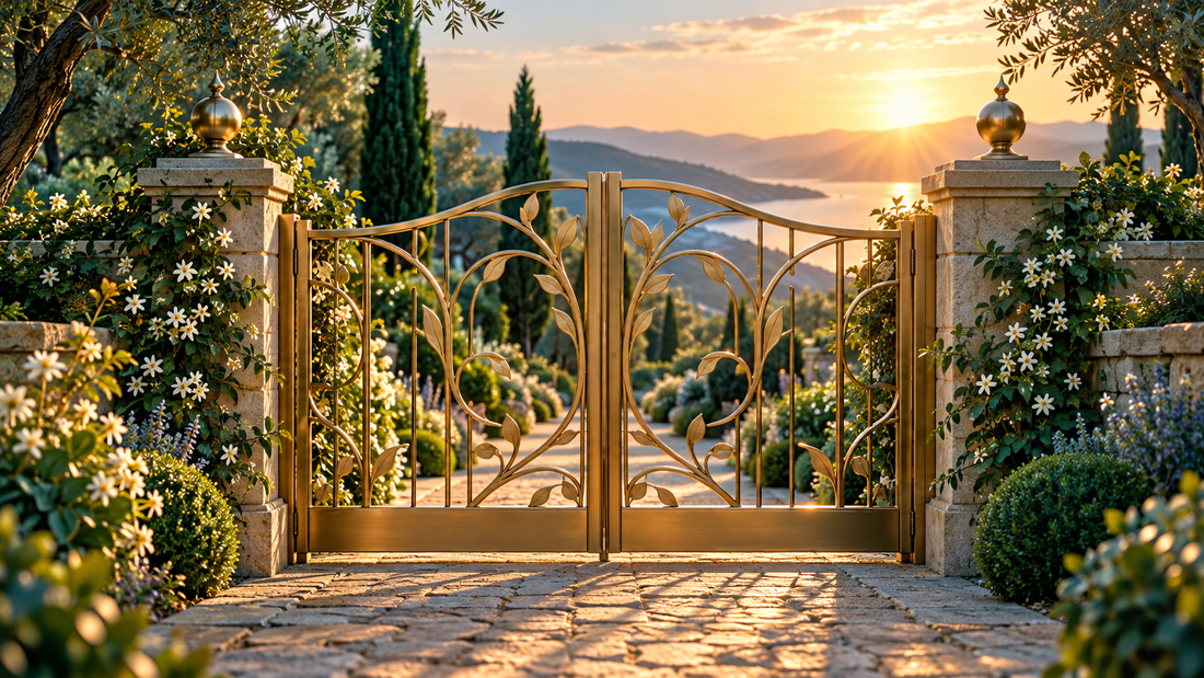 A gently closed brass garden gate between two welcoming spaces, symbolizing a boundary without rejection