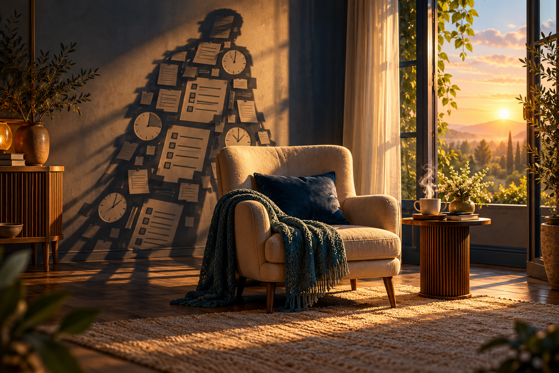 An empty armchair in warm morning light with a shadow formed from clocks and task lists, representing guilt about resting.
