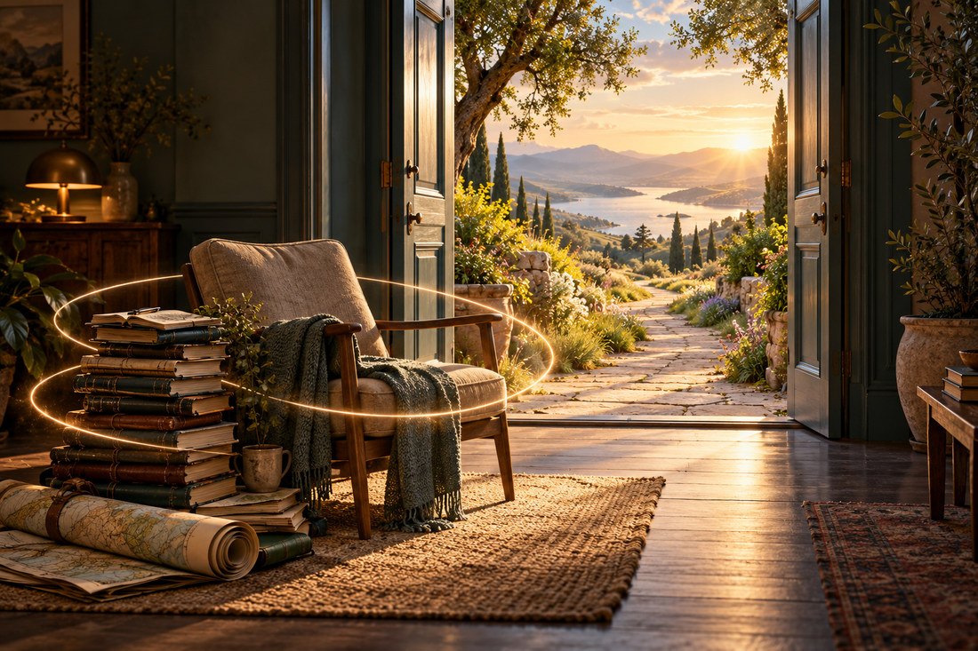 An empty chair and journals inside a room, encircled by light beside an open doorway leading to a sunlit path