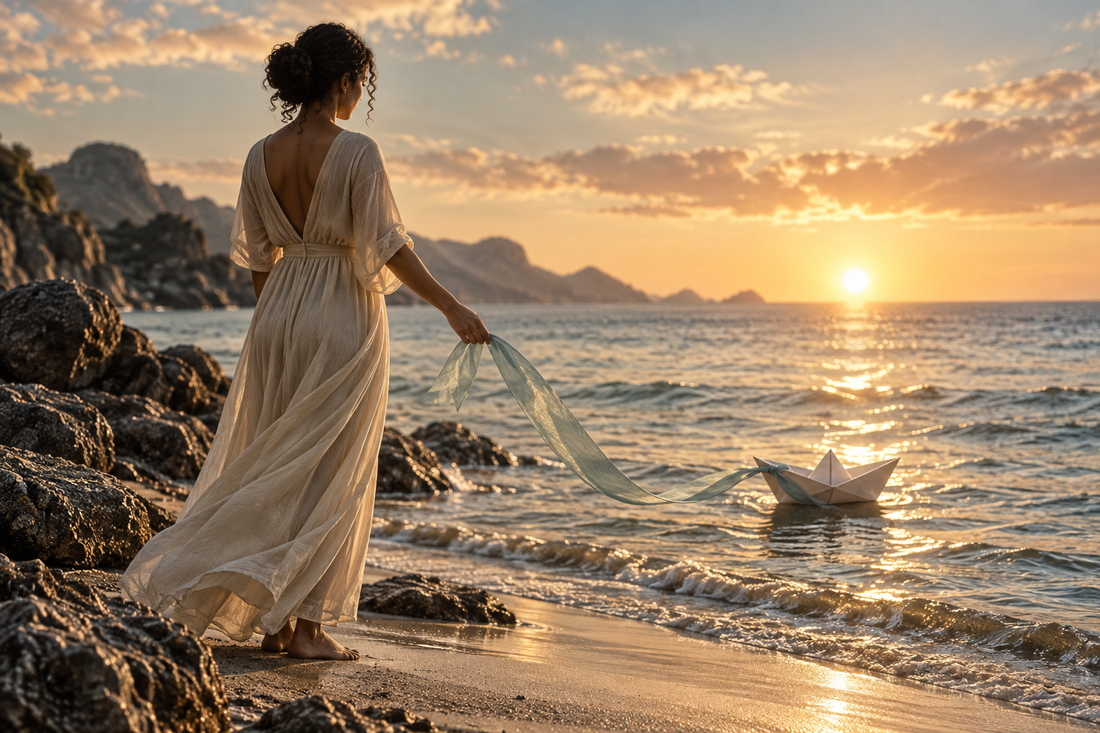 A woman loosens a ribbon tied to a paper boat at sunrise, representing healthy detachment and releasing control.