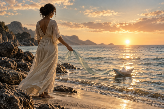 A woman loosens a ribbon tied to a paper boat at sunrise, representing healthy detachment and releasing control.