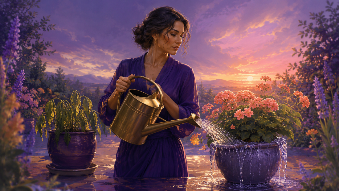 A woman notices she is overwatering one flourishing plant while her own plant needs care.