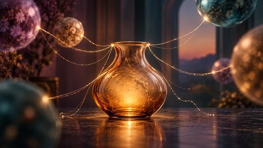 Glowing amber vessel connected by fine threads to surrounding spheres, symbolizing energy spent monitoring a social room