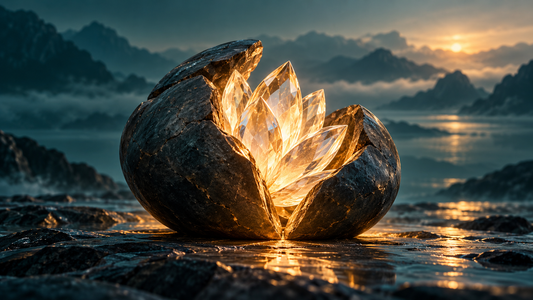 A glowing crystal flower emerging from a dark stone shell, symbolizing hidden strengths becoming visible