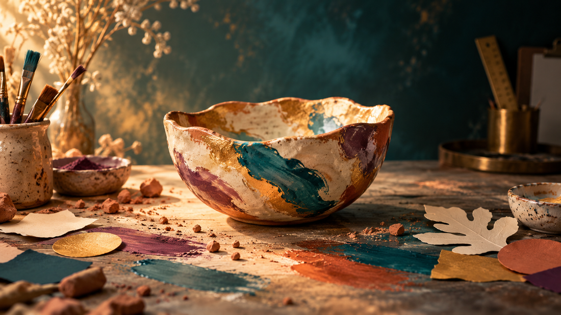An imperfect hand-painted ceramic bowl glowing on a creative studio table