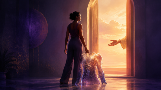 A woman sets down translucent armor at a warm doorway and considers an offered hand.