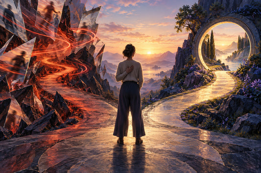 A woman pauses at a crossroads between a turbulent red path and a calm illuminated doorway, representing intuition versus urgency