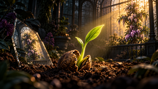 A new green shoot growing toward its own light beside a mirror reflecting mature flowers