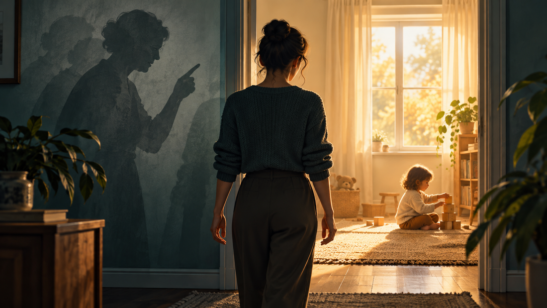 Parent pausing between the shadow of an inherited reaction and a child playing in warm light