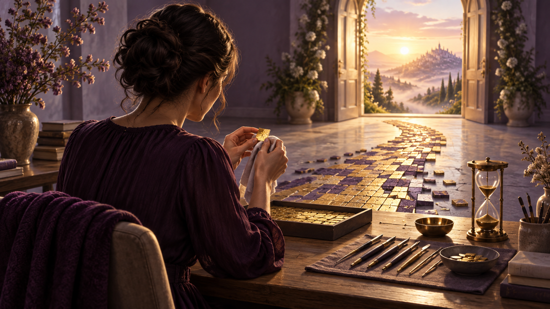 A woman polishes one mosaic tile while an unfinished path leads through an open doorway.