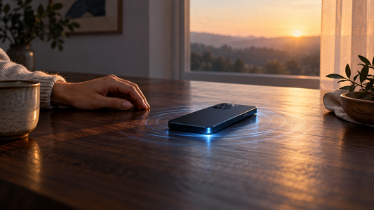 A face-down smartphone surrounded by soft ripples of blue light beside a resting hand at sunrise