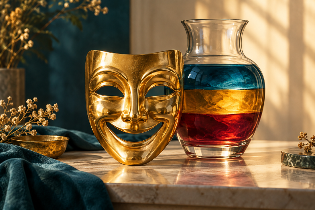 A gold smiling mask stands before a glass vessel filled with blue, amber and red layers