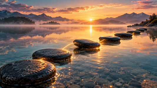 Seven dark stepping stones connected by warm light across calm water, symbolizing rebuilding self-trust through repeated action