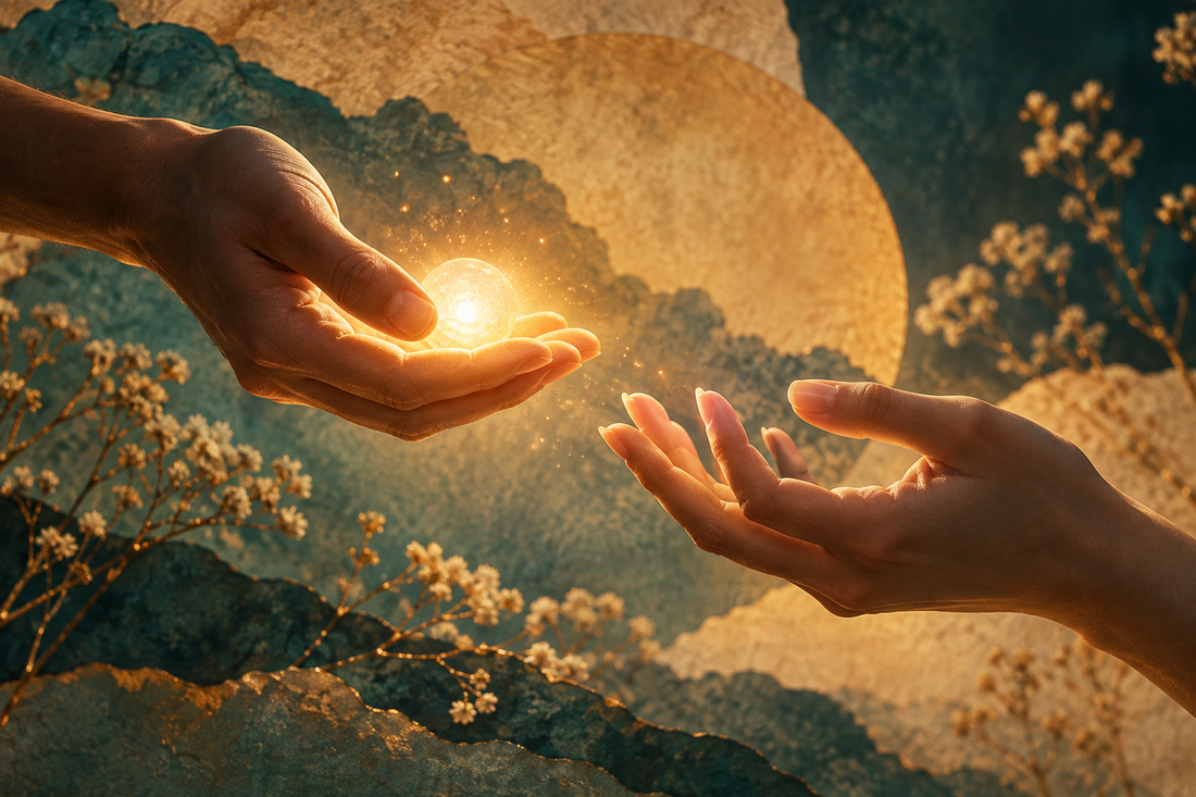 Two hands opening toward a warm light, illustrating learning to receive care