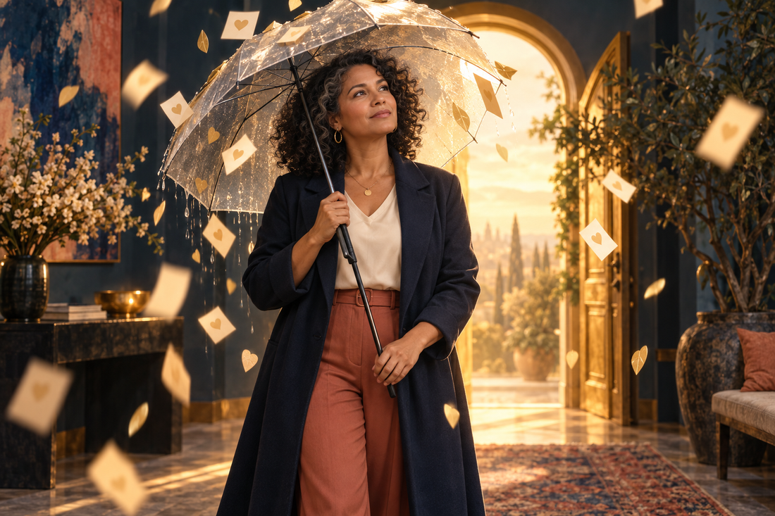 A woman begins lowering a clear umbrella as symbols of appreciation surround her, representing learning to receive compliments and care.