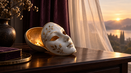 An open porcelain mask glowing beside a parted curtain, symbolizing honest vulnerability with boundaries