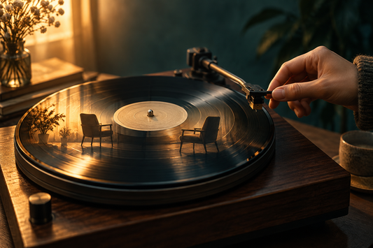 A hand lifts a record-player needle from repeating grooves reflected with two empty chairs.