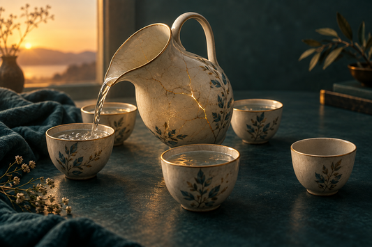 A cracked ceramic pitcher pours into several cups while one cup remains empty.
