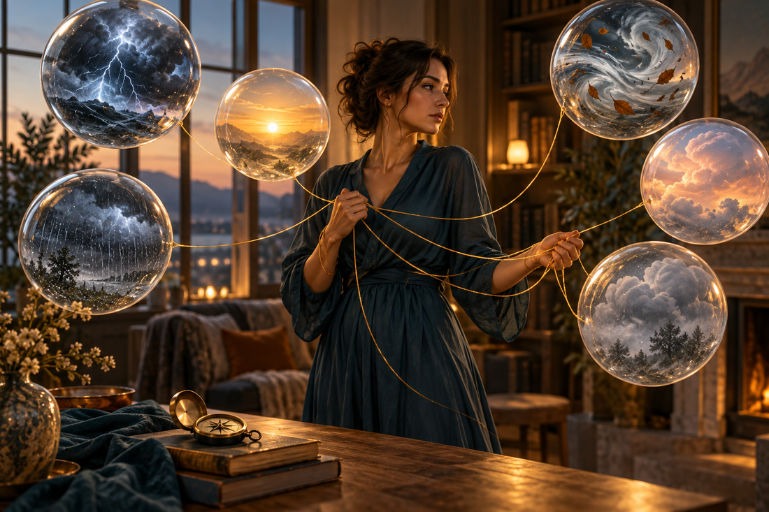 A woman holds golden threads connected to glass spheres containing different weather while her compass rests nearby