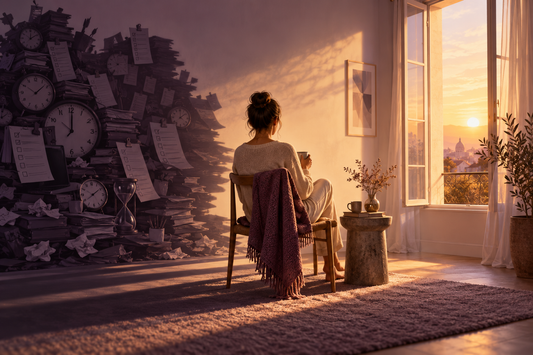 A woman rests in morning light while a shadow of clocks and unfinished tasks represents productivity guilt.