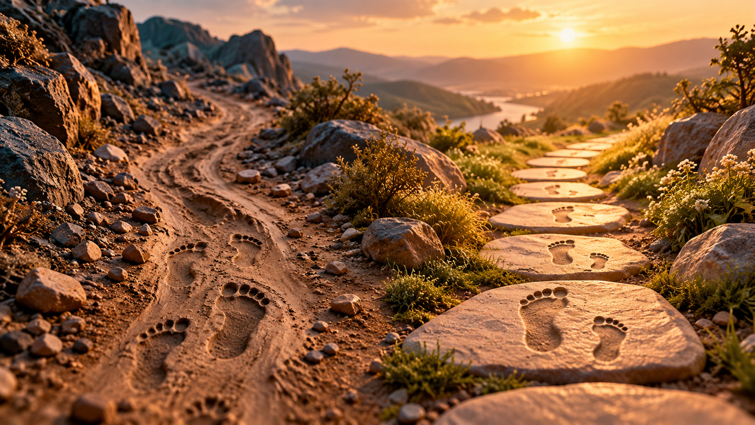 Two paths of footprints in clay, one deeply worn and one newly illuminated
