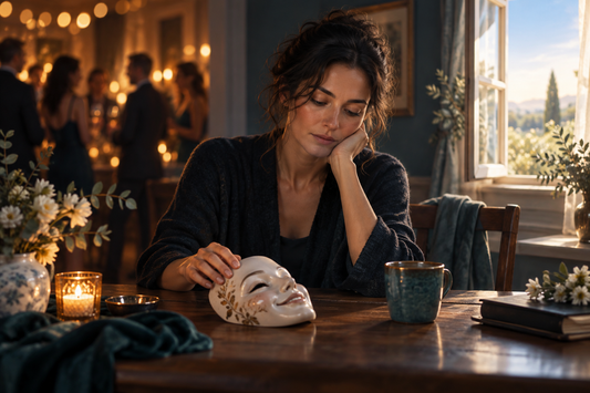 A woman sets down a smiling porcelain mask after a gathering, representing the cost of pretending to be fine.