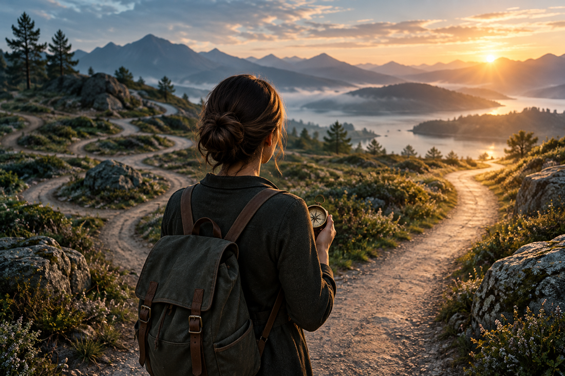 A person holds a compass at a crossroads with looping paths behind and one path leading forward