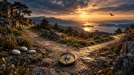 Brass compass at a mountain crossroads beneath warm evening light