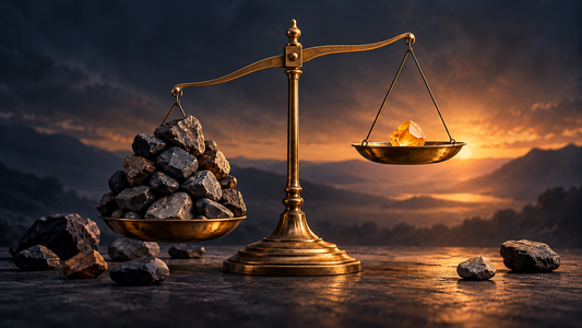 An overloaded brass balance scale contrasting many dark stones with one glowing amber stone