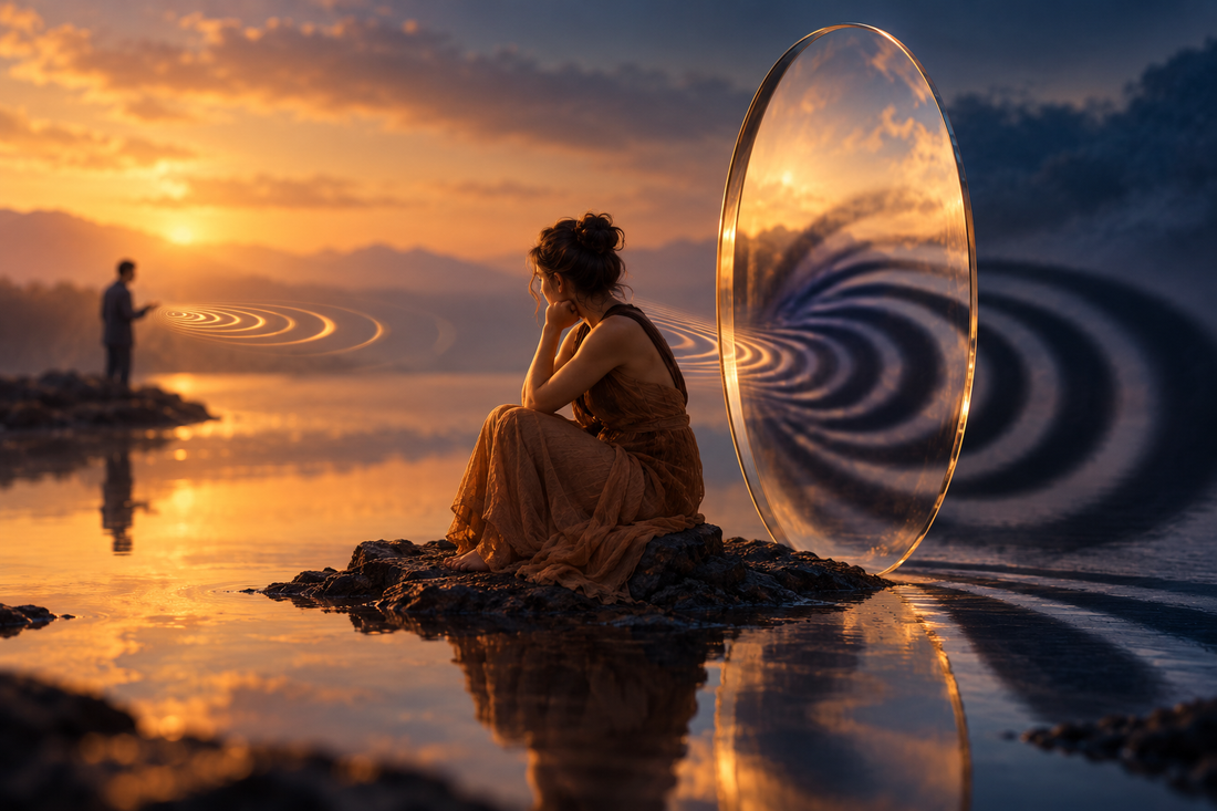 A small ripple from a distant speaker appears larger through a glass lens beside a woman reflecting by the water