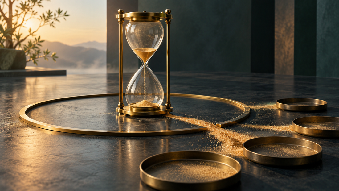 A brass hourglass leaking golden sand beyond a circular boundary into empty trays